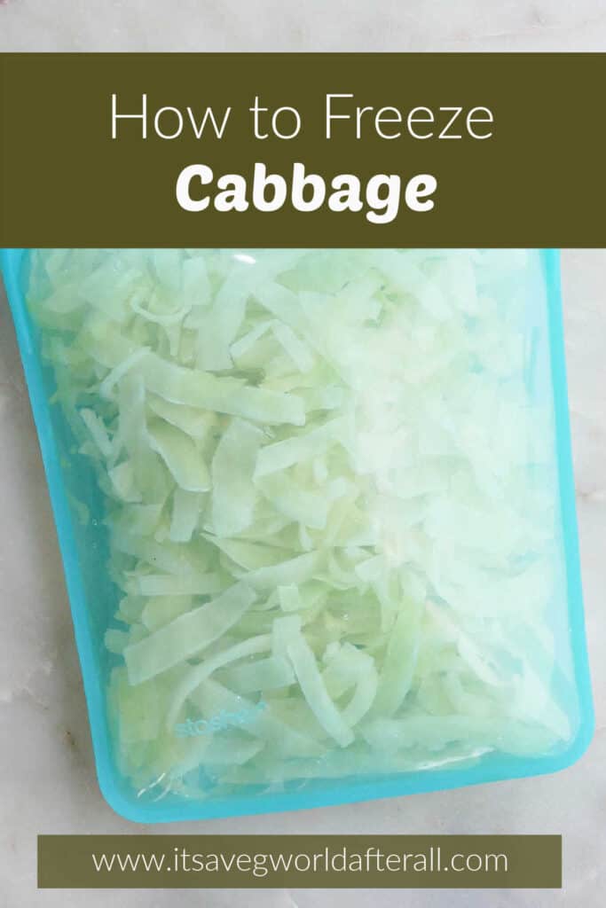 shredded cabbage in a large silicone freezer bag with text box with post title and website name