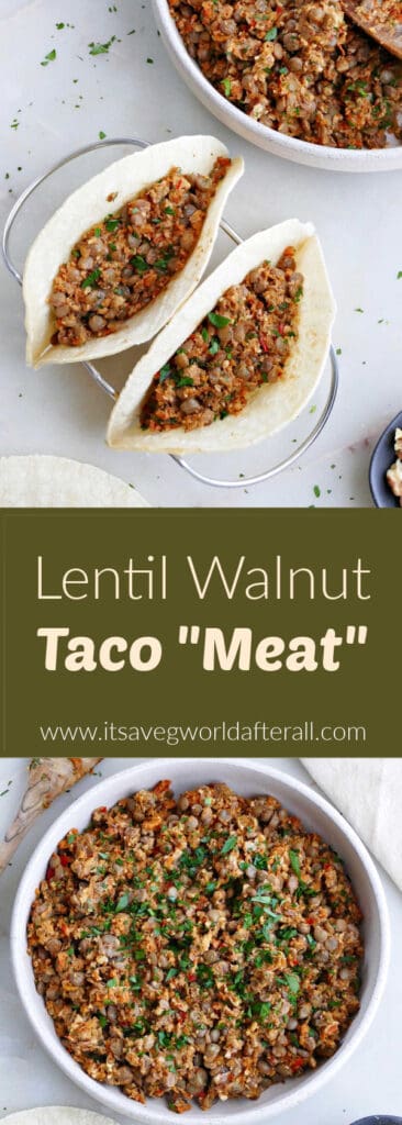 lentil taco meat in corn tortillas and a serving bowl separated by text box with recipe title