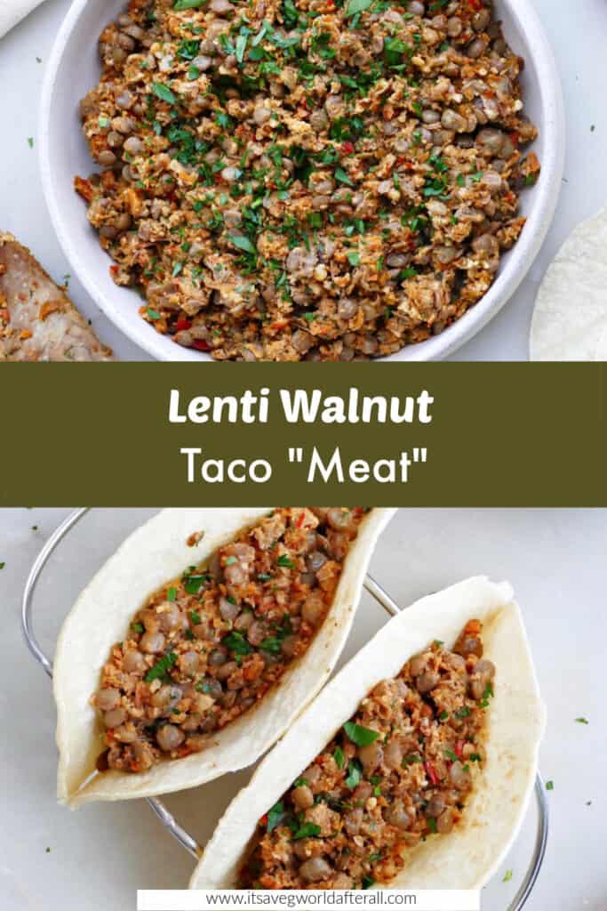 vegan taco meat in a serving bowl and corn tortillas separated by a text box with recipe title