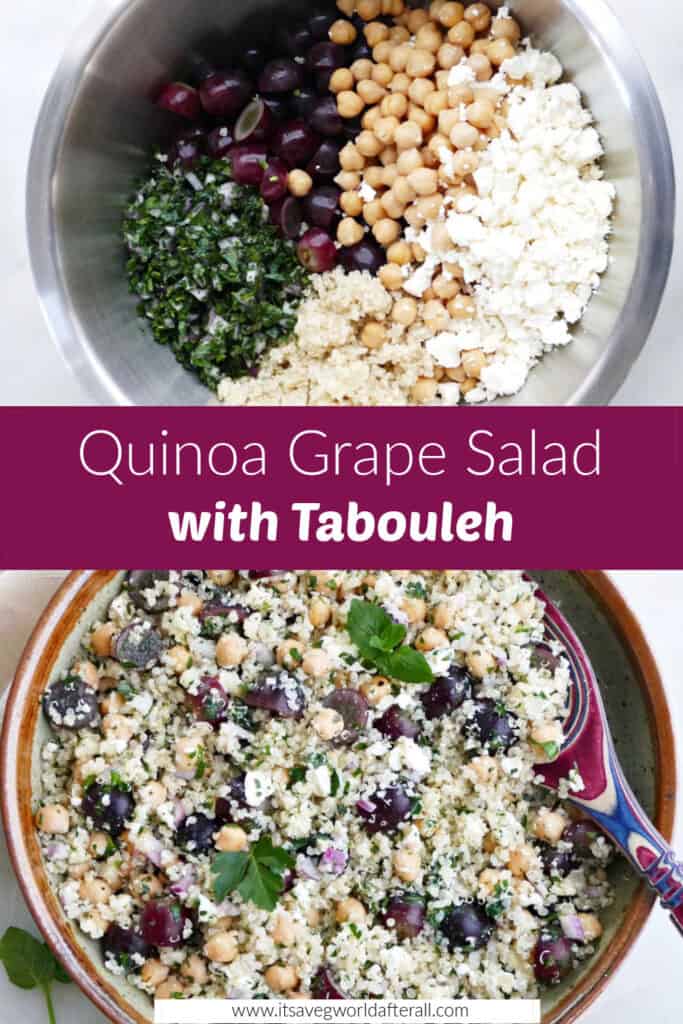 quinoa grape salad ingredients in a bowl and finished salad separated by text box