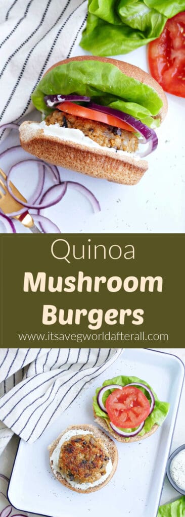 quinoa mushrooms burgers with toppings on a tray separated by text box with recipe name