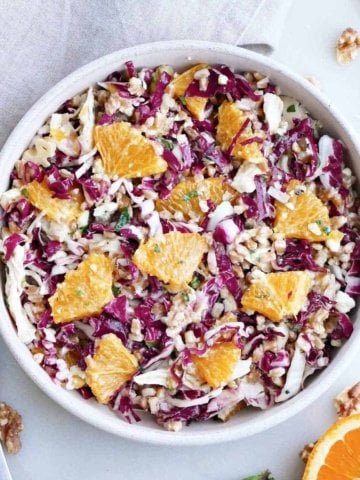 radicchio salad with oranges, chicken, farro, and herbs in a serving bowl on a counter