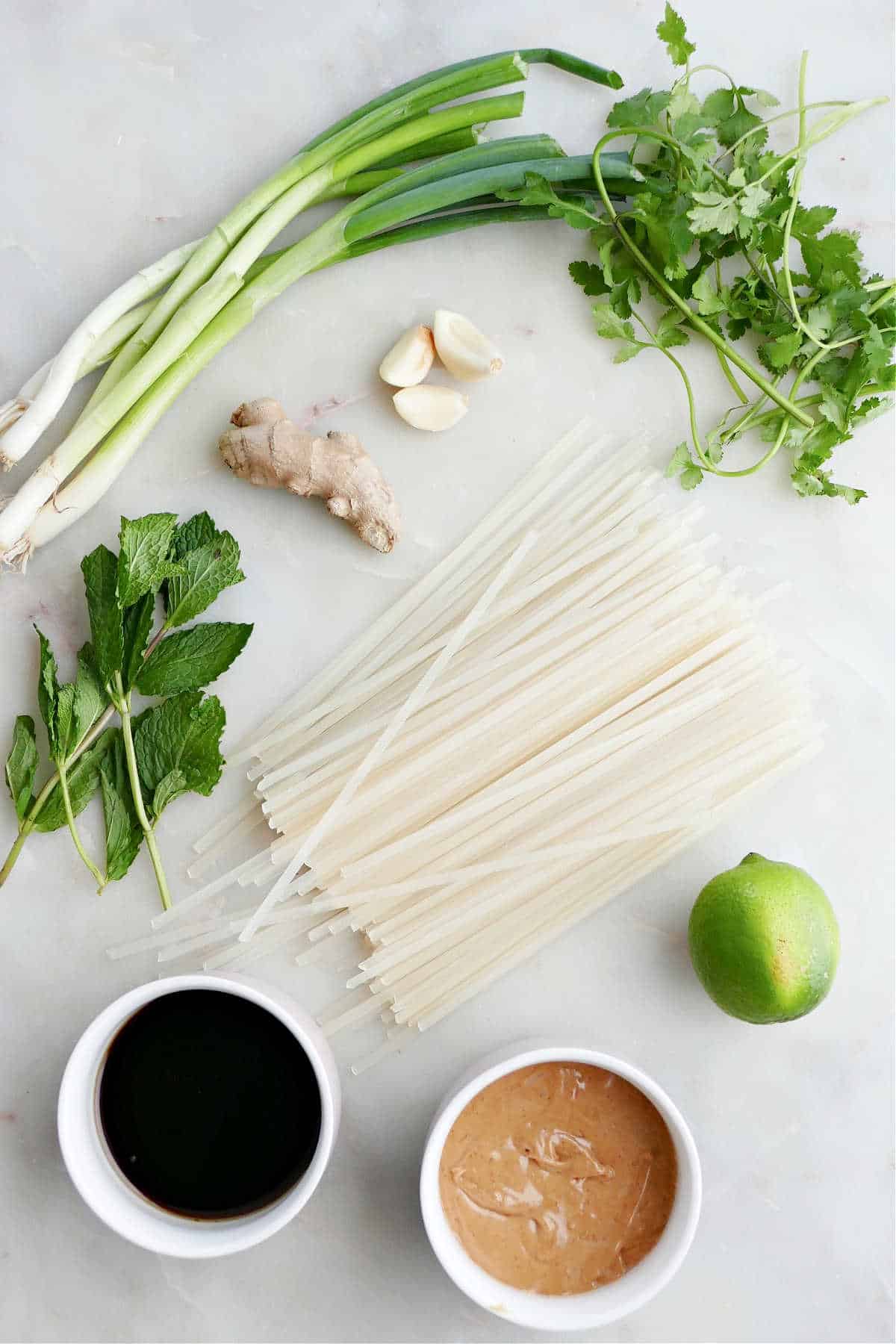 scallions, herbs, noodles, ginger, garlic, peanut butter, lime, and soy sauce on a counter