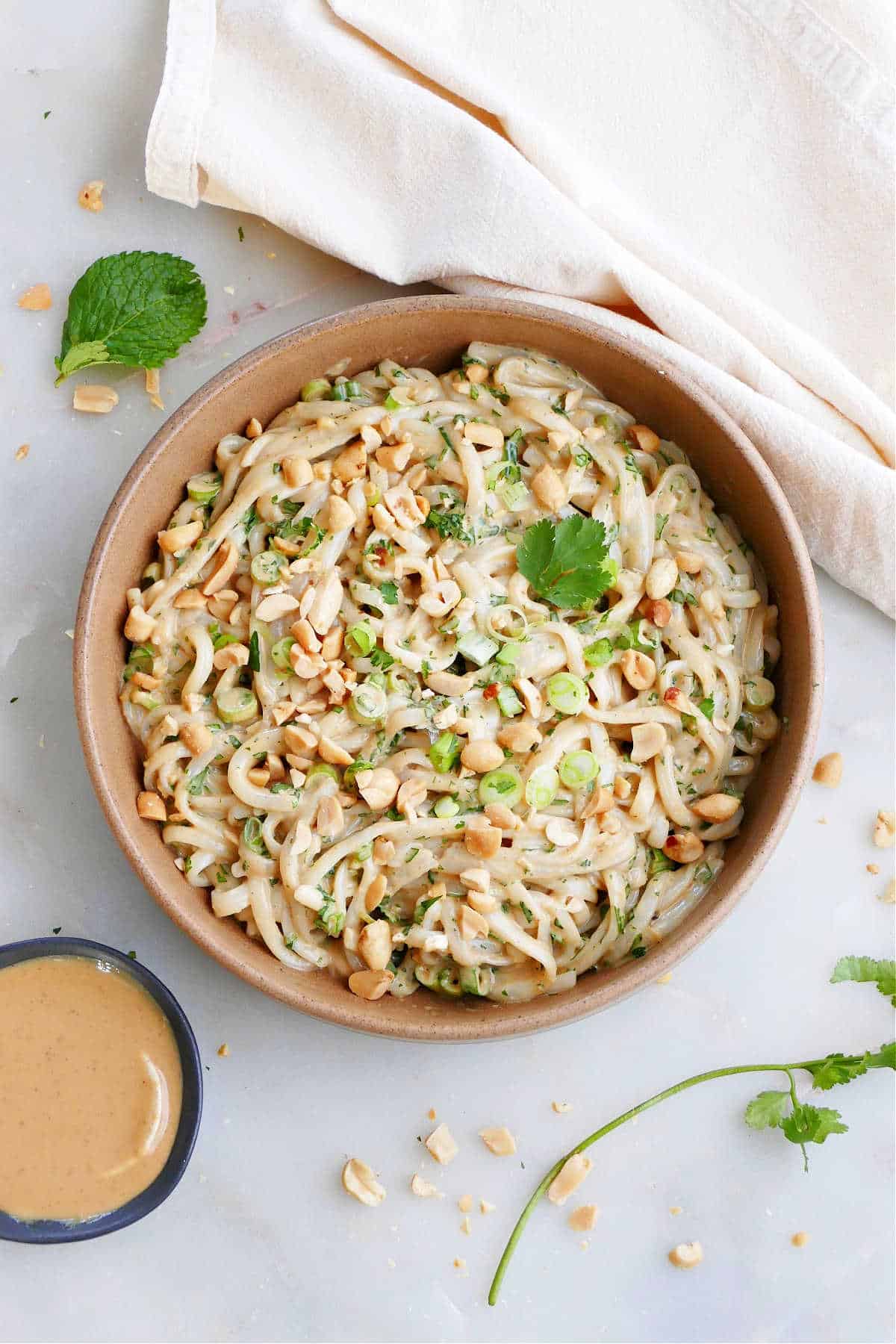 vegan peanut noodles topped with chopped peanuts and herbs in a serving bowl