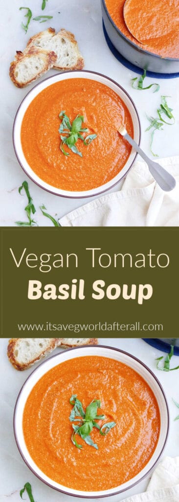 images of vegan tomato bisque separated by text box with recipe title