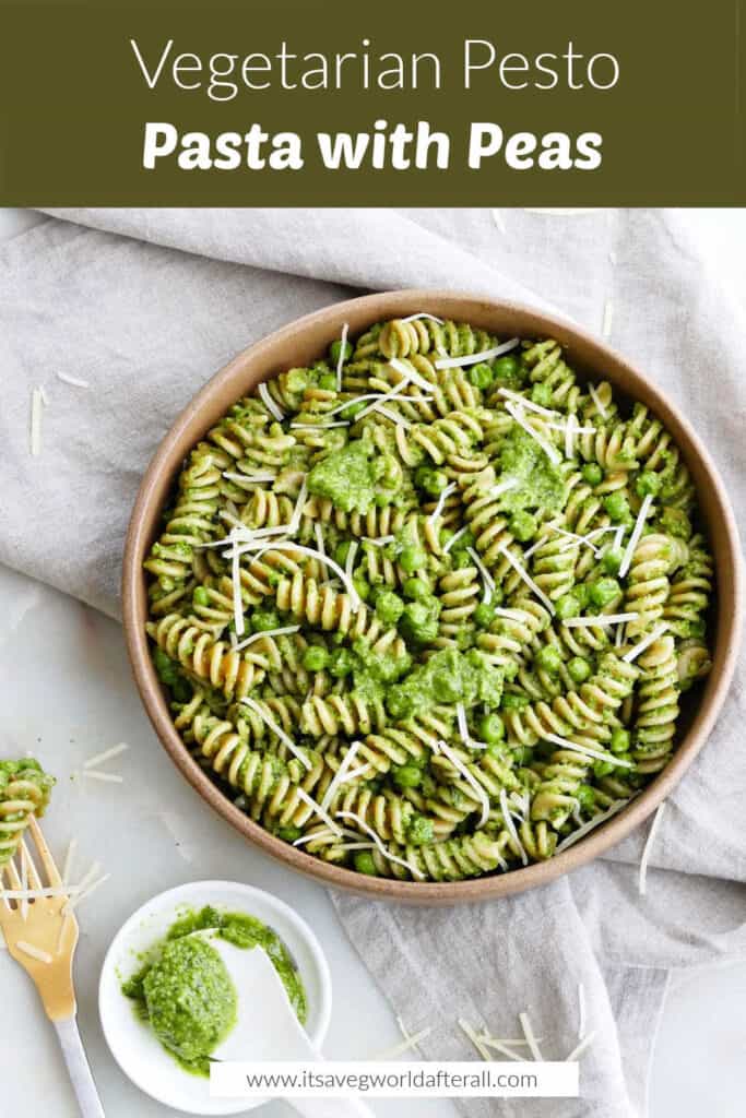 pesto pasta in a serving bowl with a text box with recipe title