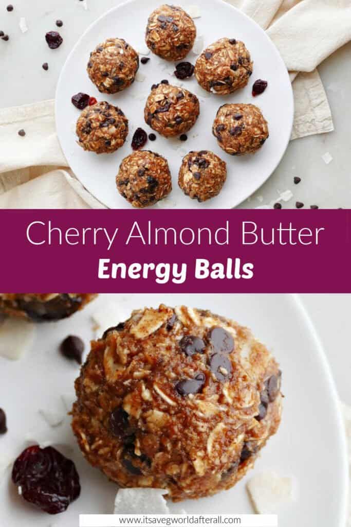 almond butter energy balls on a plate separated by text box with recipe title
