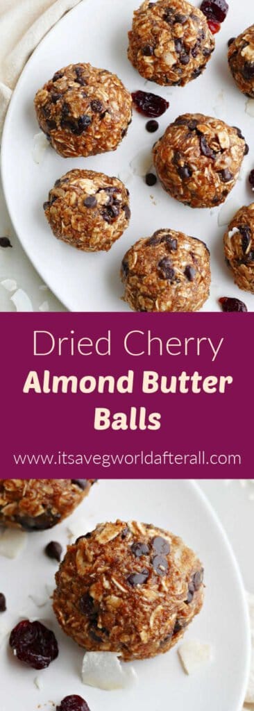 almond butter energy balls on a plate separated by text box with recipe title