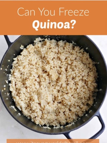 a pot of cooked quinoa on a counter with text boxes that have post title and website