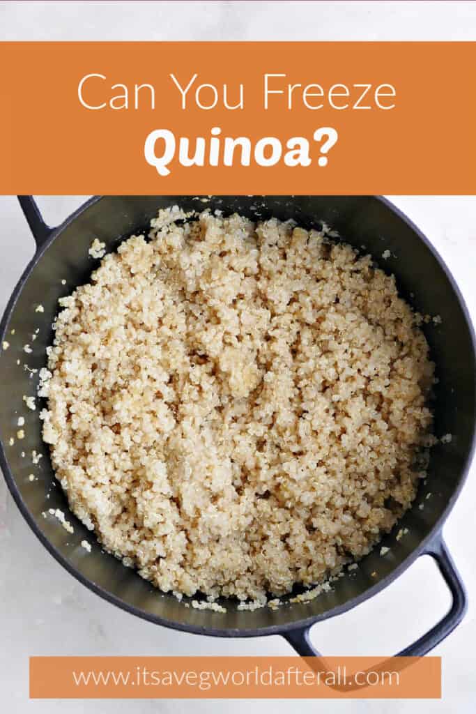 a pot of cooked quinoa on a counter with text boxes that have post title and website