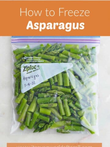 frozen sliced asparagus in a freezer bag with text boxes with post name and website