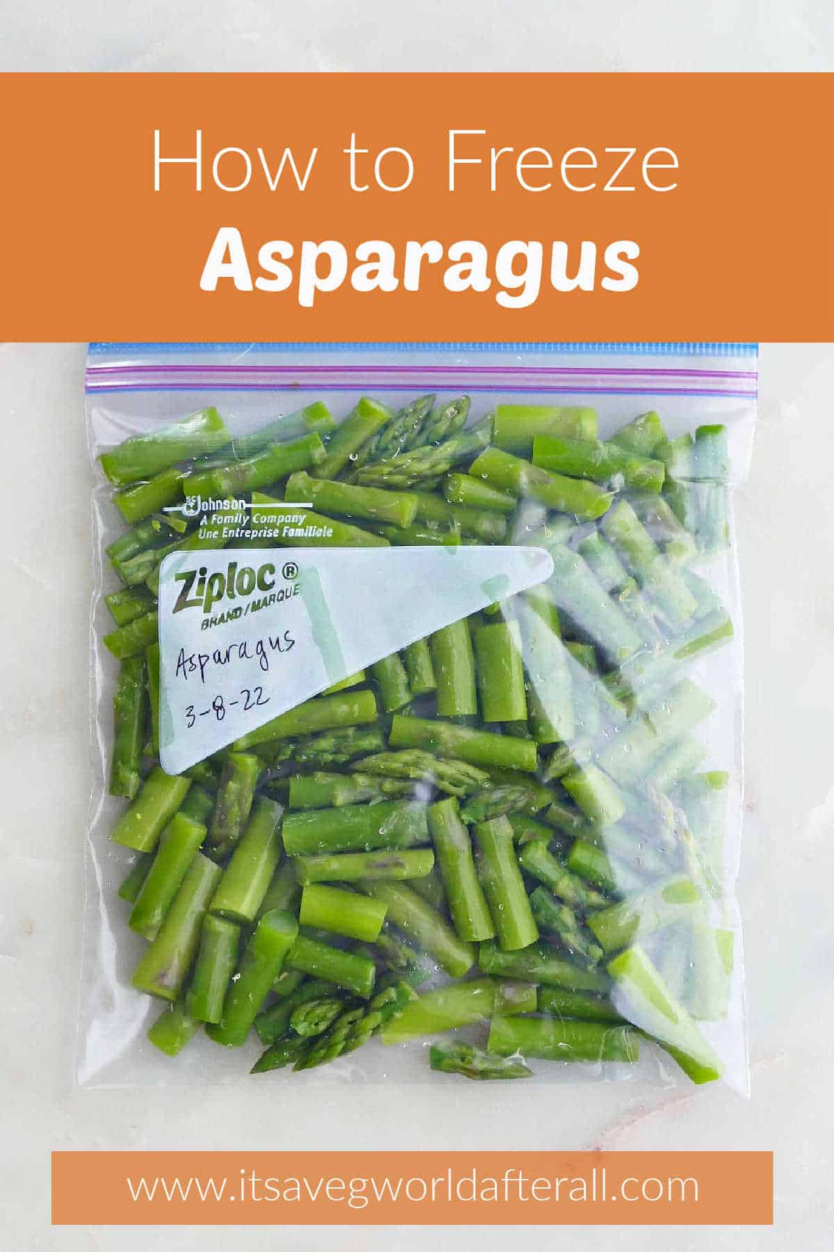 frozen sliced asparagus in a freezer bag with text boxes with post name and website