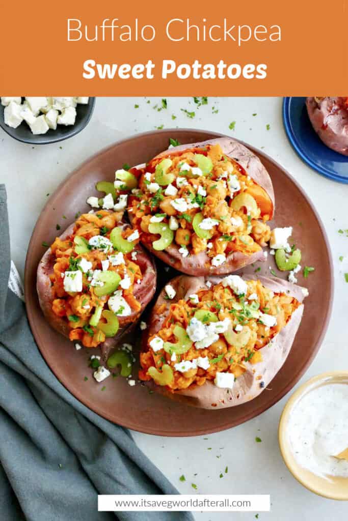 buffalo chickpea sweet potatoes on serving plate under text box with recipe title