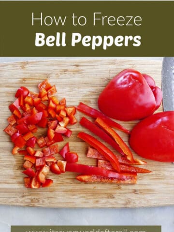 red bell peppers cut in different ways on a cutting board with text box