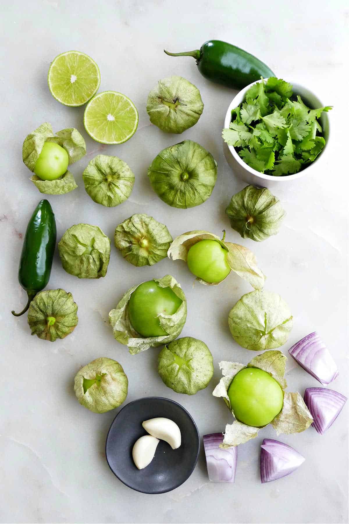 tomatillos, jalapenos, a lime sliced in half, garlic cloves, red onion, and cilantro leaves on a counter