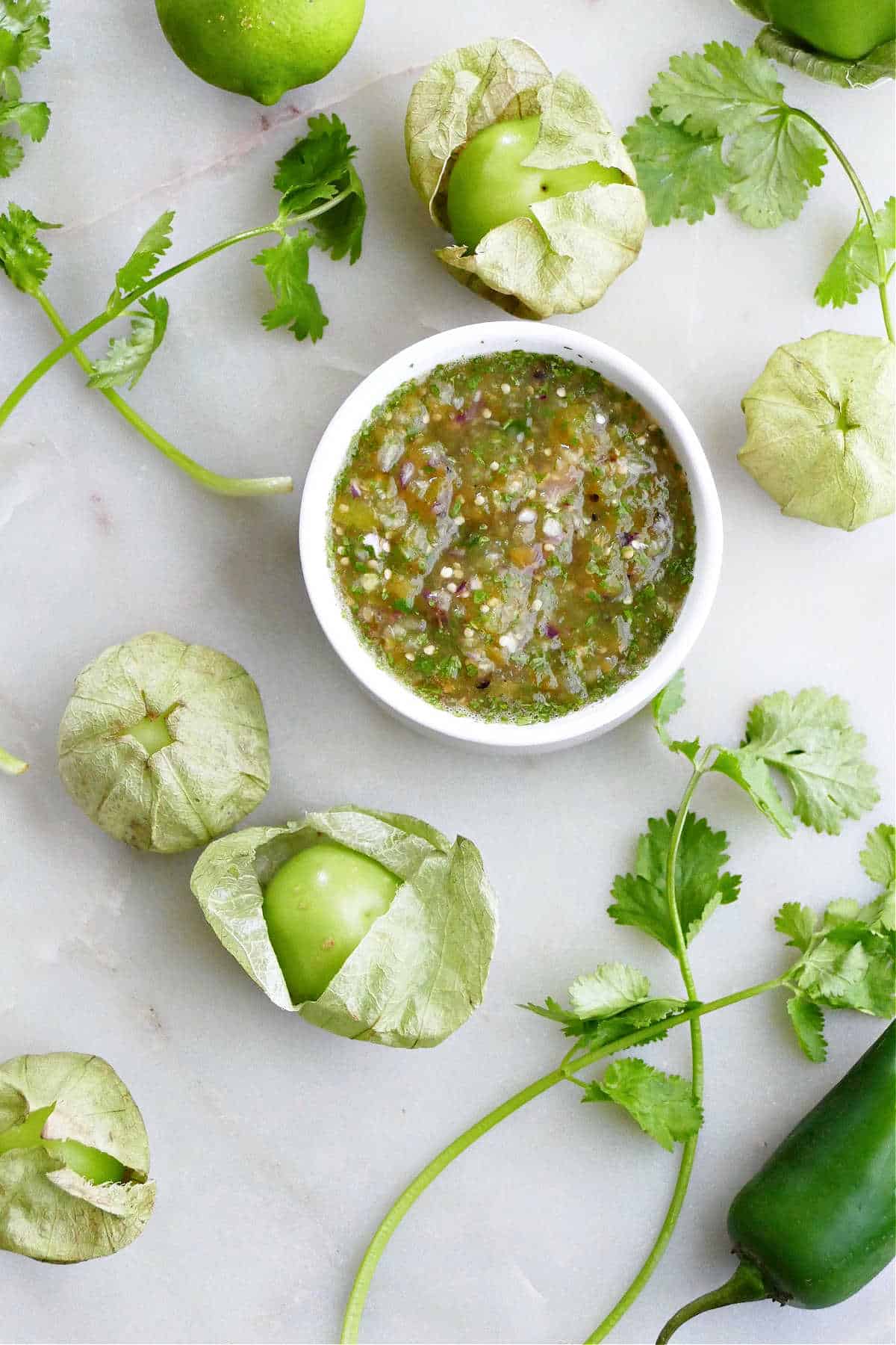 salsa verde in a small serving bowl surrounded by tomatillos and cilantro