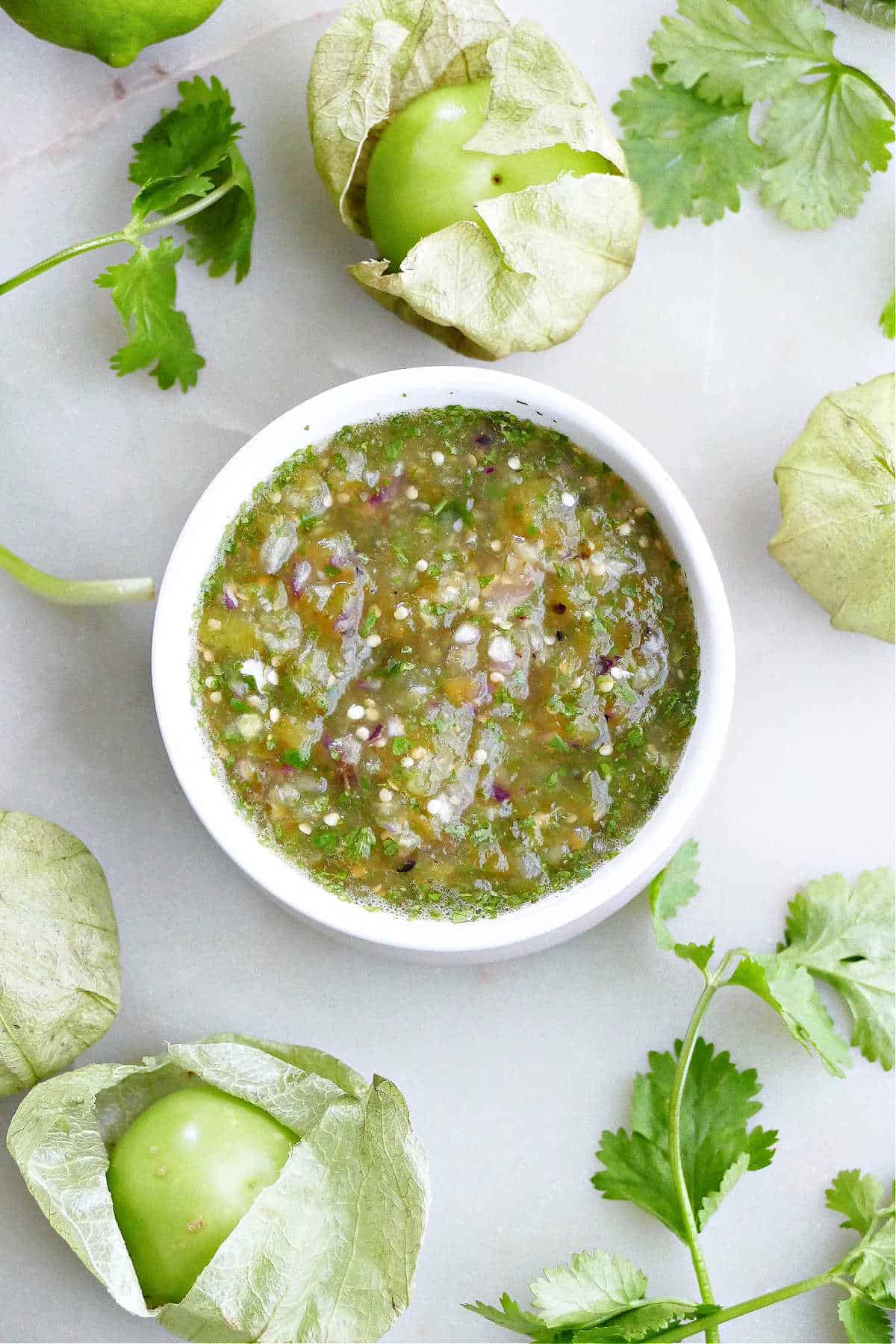 salsa verde in a small serving bowl surrounded by tomatillos and cilantro