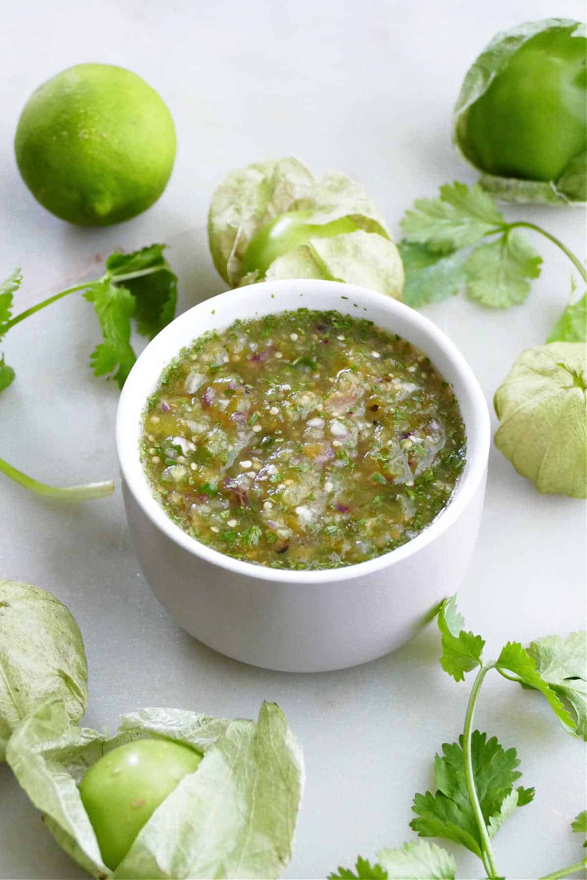 salsa verde in a small serving bowl surrounded by tomatillos and cilantro