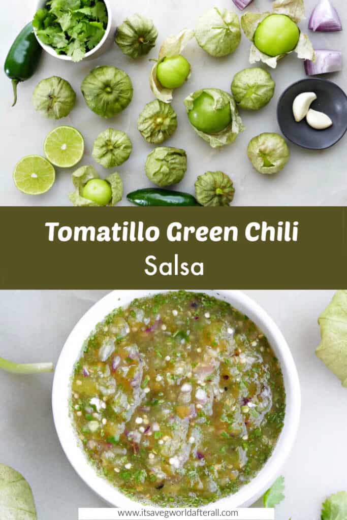 ingredients for salsa and finished salsa separated by a text box with recipe name