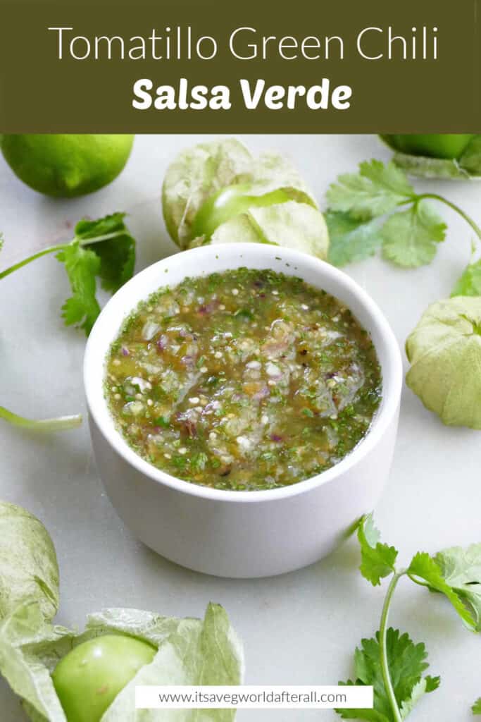 tomatillo green chili salsa in a serving bowl under a text box with recipe name
