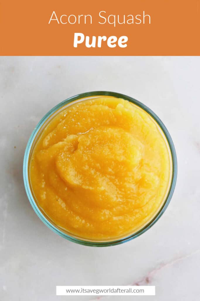 acorn squash puree in a glass bowl on a counter under a text box