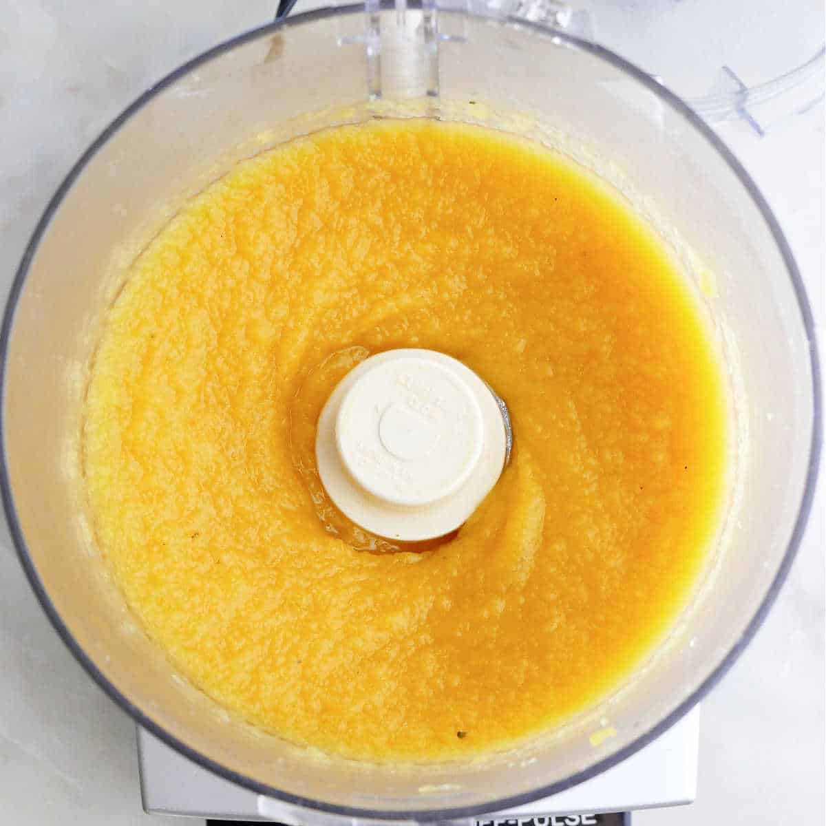 acorn squash pureed in a food processor on a counter