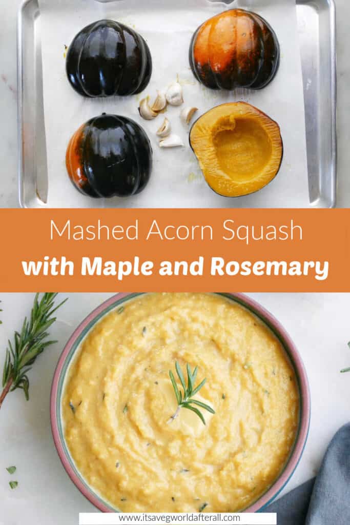 acorn squash and garlic roasting on a sheet pan and acorn squash mash separated by text box