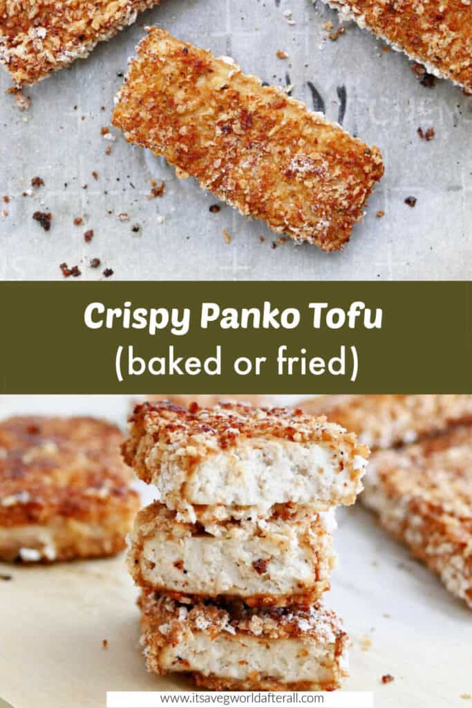 panko crusted tofu pieces separated by text box with recipe title