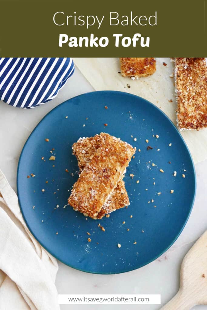 crispy panko tofu on a plate under text box with recipe title