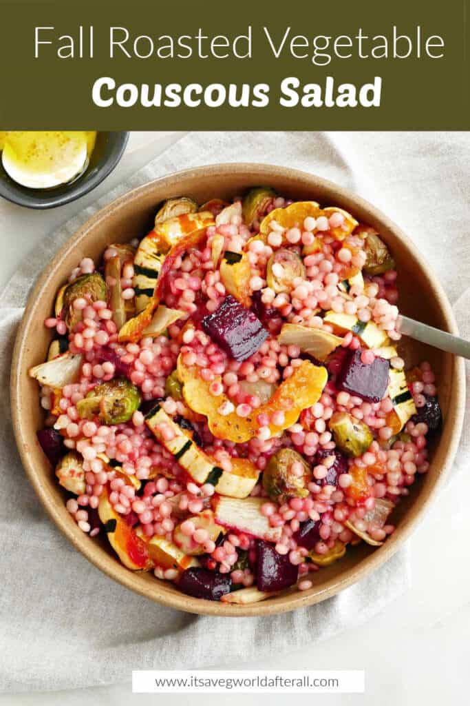 fall vegetable couscous salad under text box with recipe name