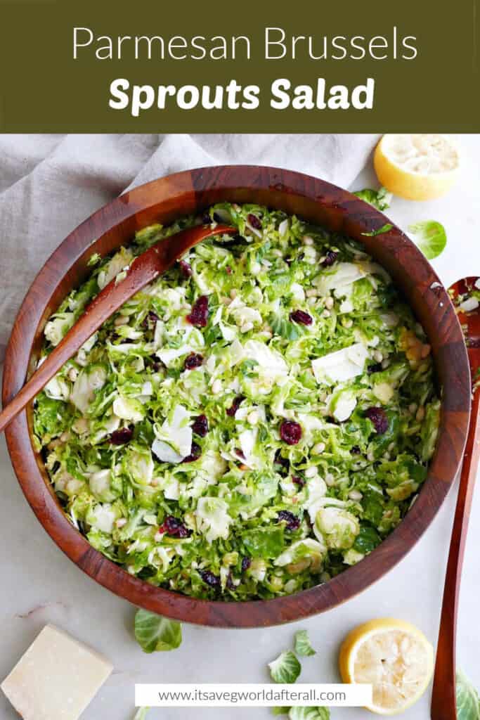 Brussels sprouts salad in a bowl under text box with recipe title