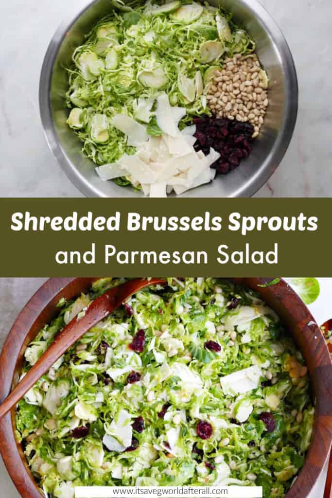 images of Brussels sprouts salad separated by text box with recipe name