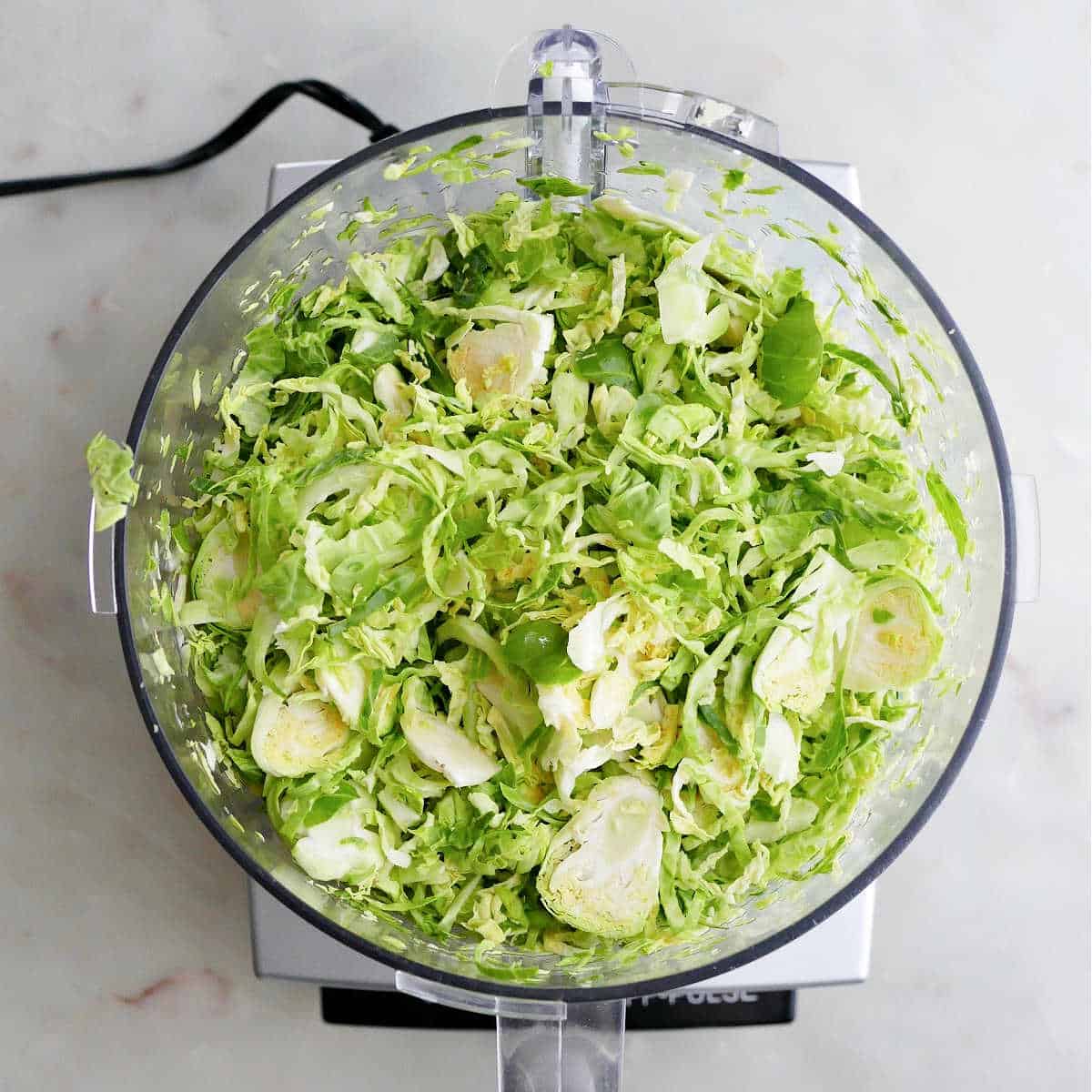 shaved Brussels sprouts in a food processor on a counter