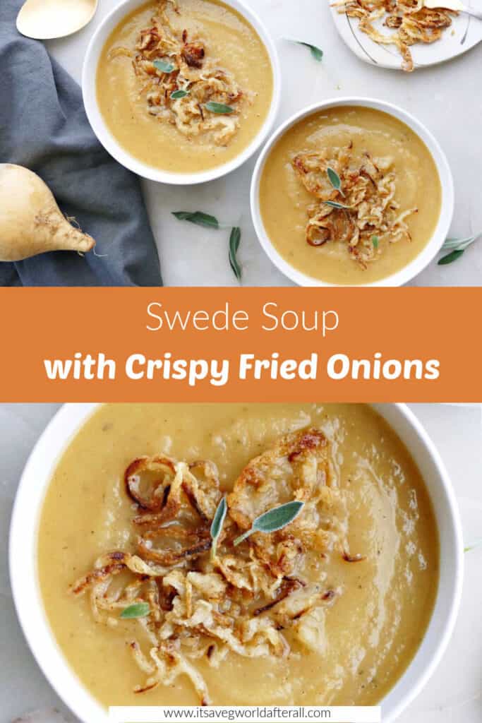 images of swede soup in bowls separated by text box with recipe title