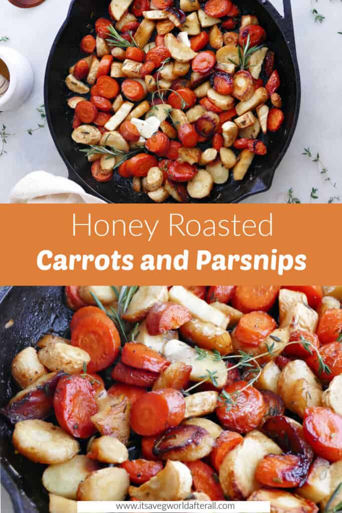 carrots and parsnips roasting in a pan separated by text box with recipe title