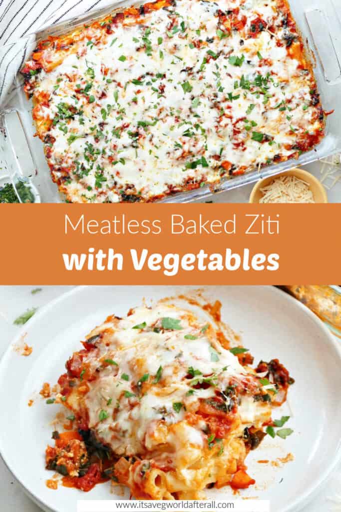 images of meatless baked ziti separated by text box with recipe name