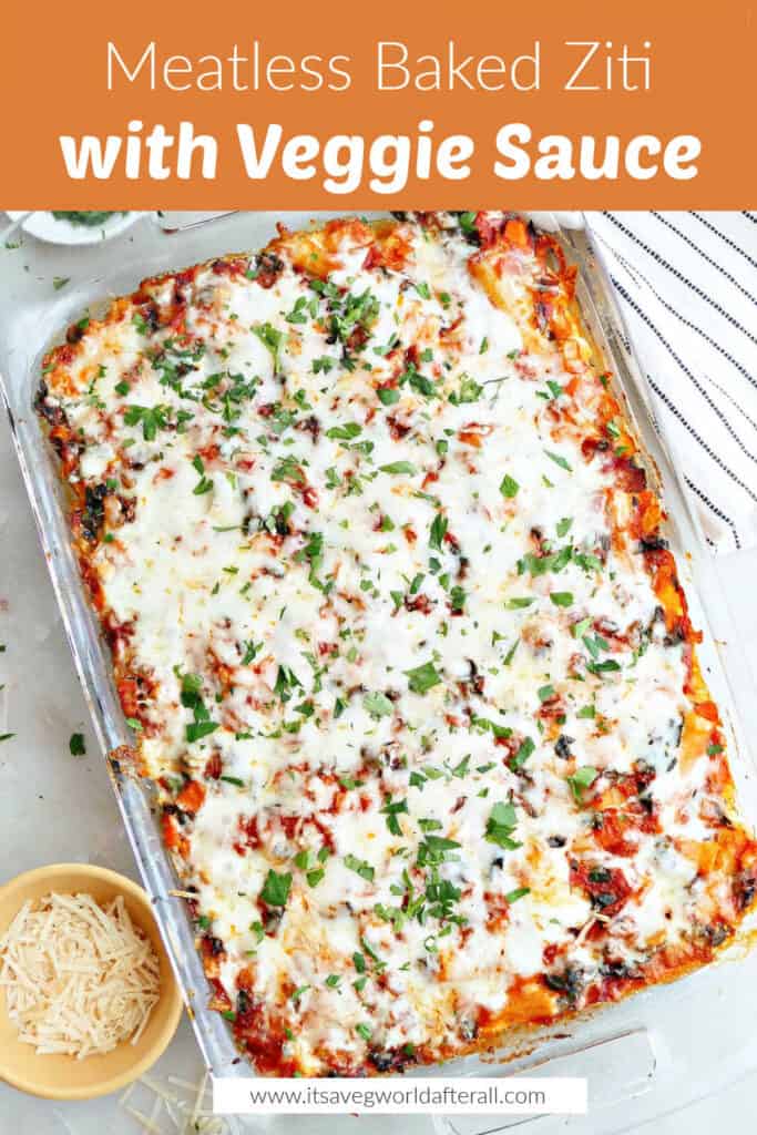 meatless baked ziti in a serving dish under text box with recipe name