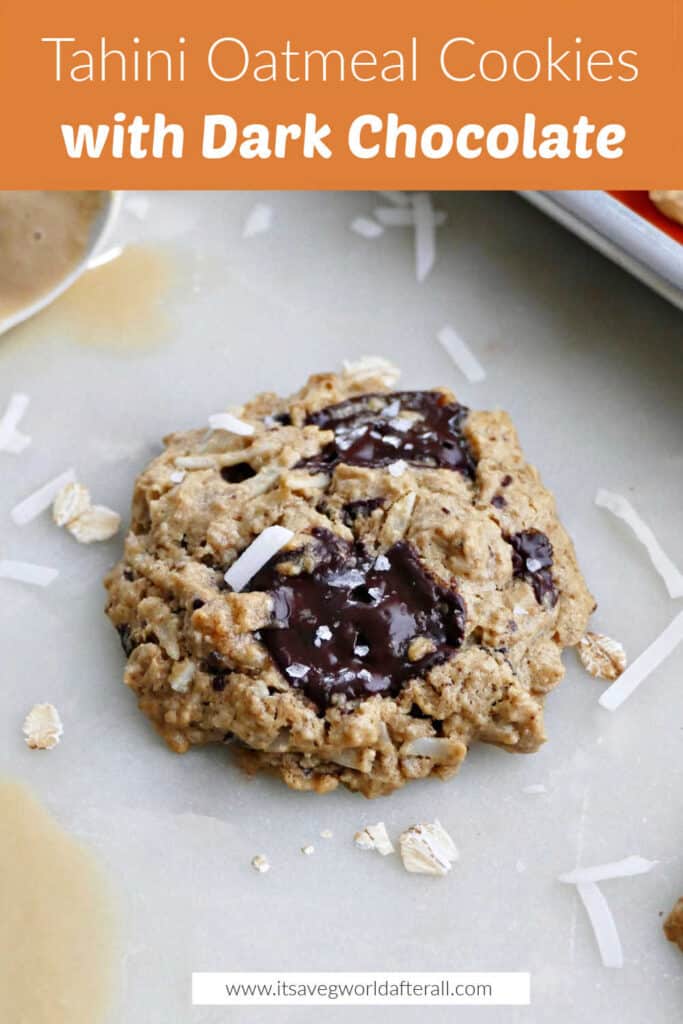 tahini oatmeal cookie on a counter under text box with recipe name
