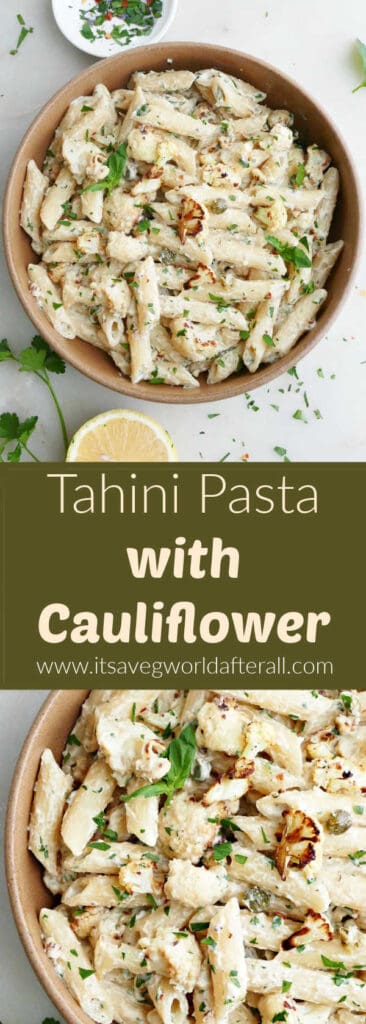 tahini pasta in bowls separated by text box with recipe name