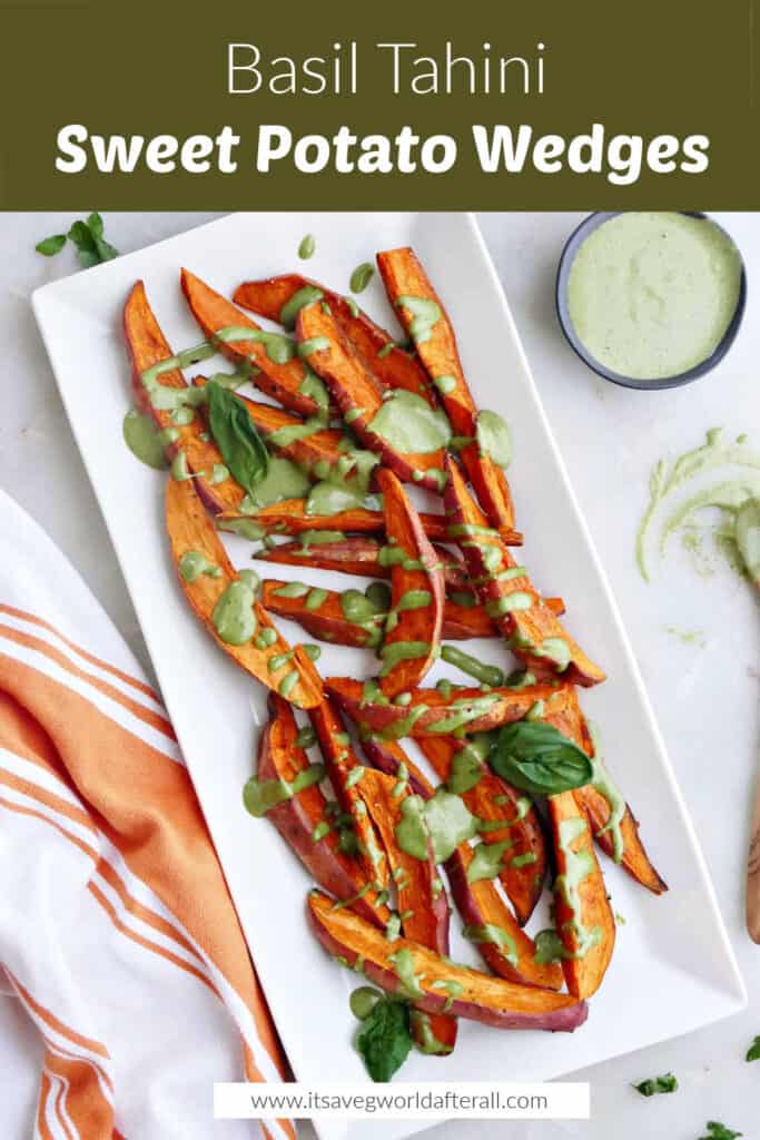 sweet potatoes with green tahini sauce under a text box with recipe name