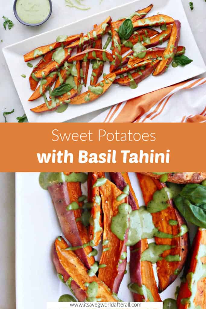 sweet potatoes drizzled with tahini separated by a text box with recipe name