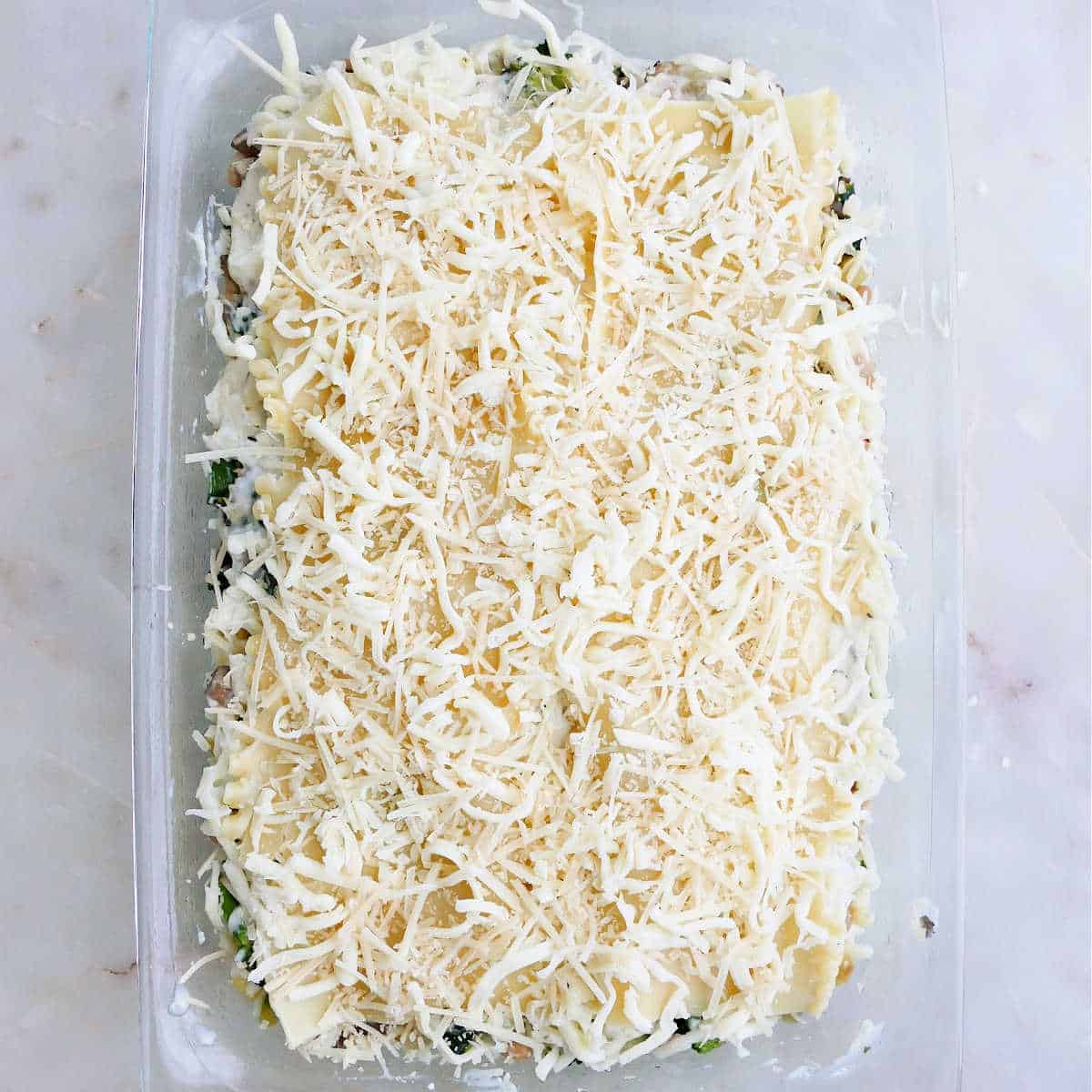 lasagna ingredients topped with shredded cheese in a baking dish