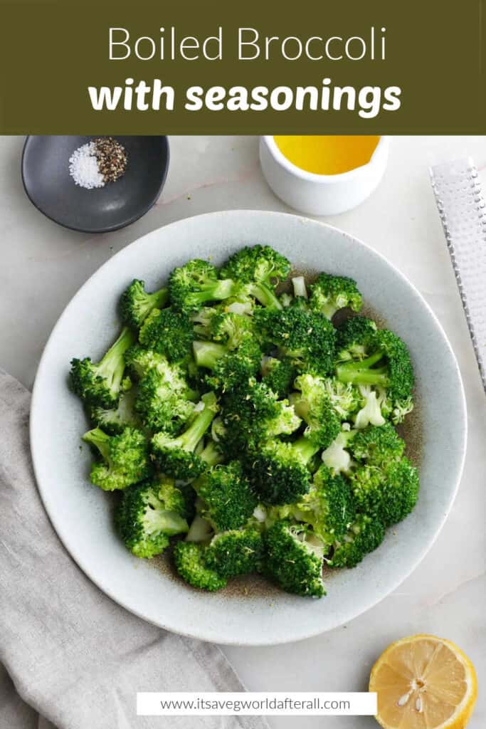 boiled broccoli in a bowl under text box with recipe title