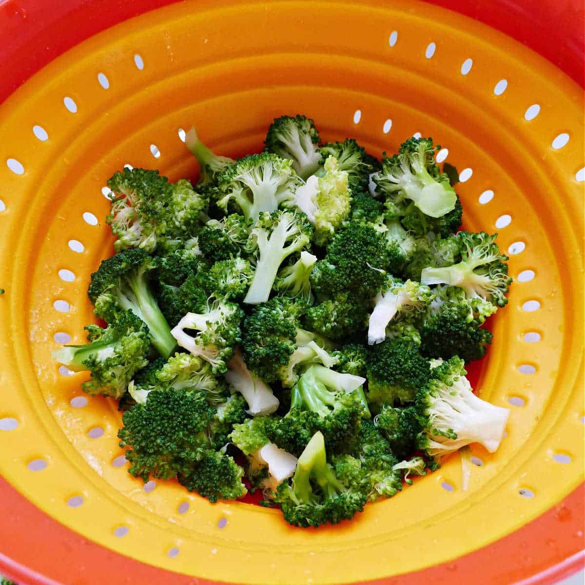 boiled broccoli drained in a colander