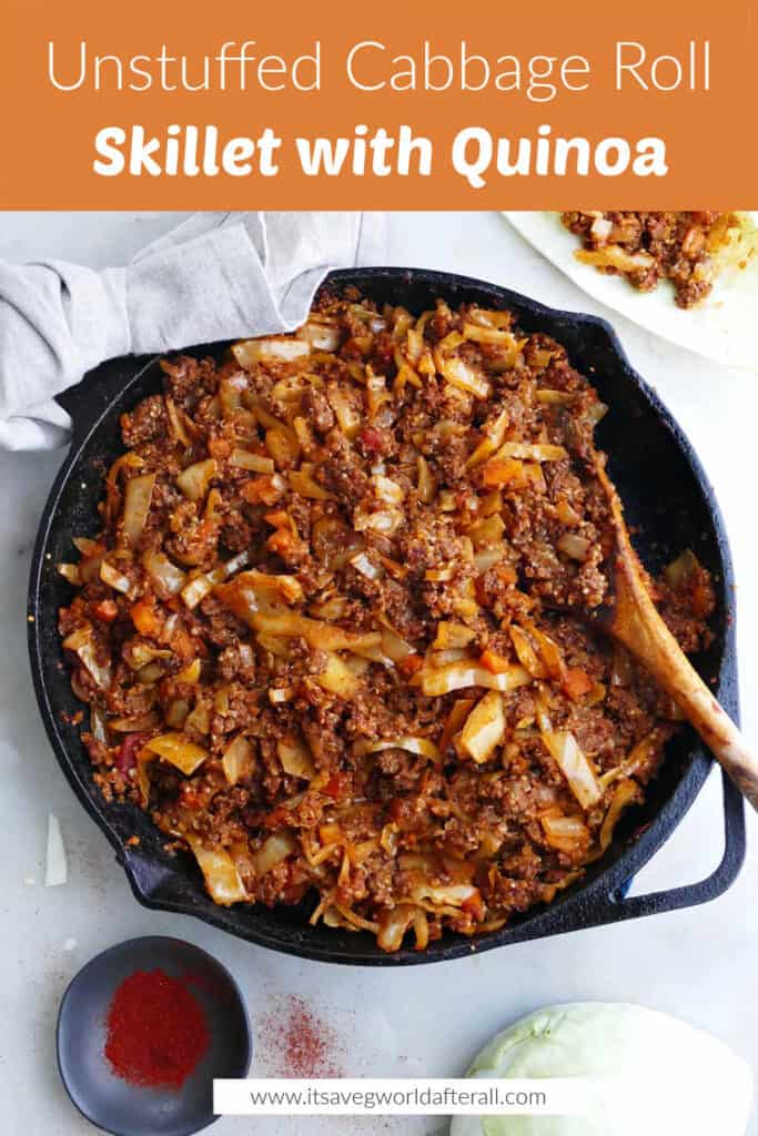 cabbage and beef skillet under text box with recipe name