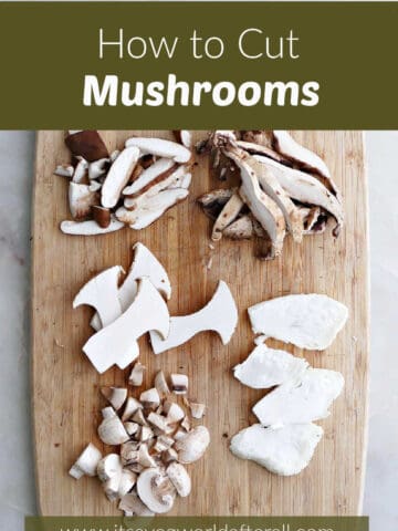 different types of mushrooms cut into different shapes under a text box