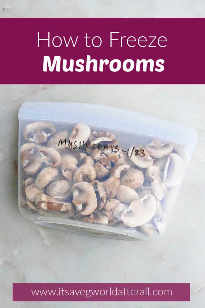 frozen mushrooms in a silicone bag with label on a counter under text box