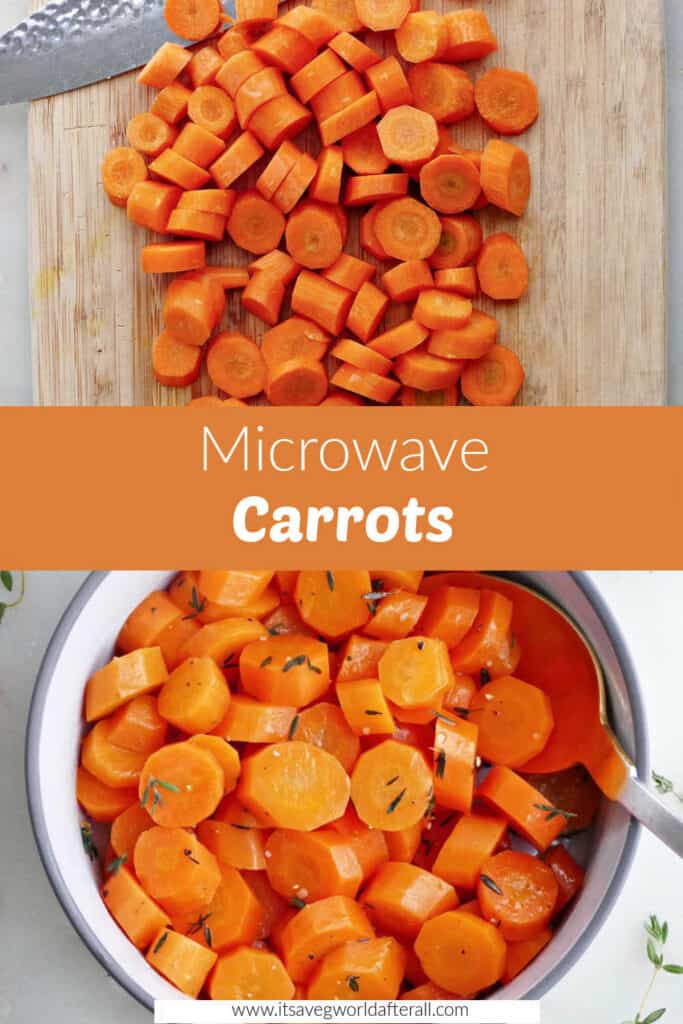 carrots cut into coins on a cutting board and in a bowl separated by text box