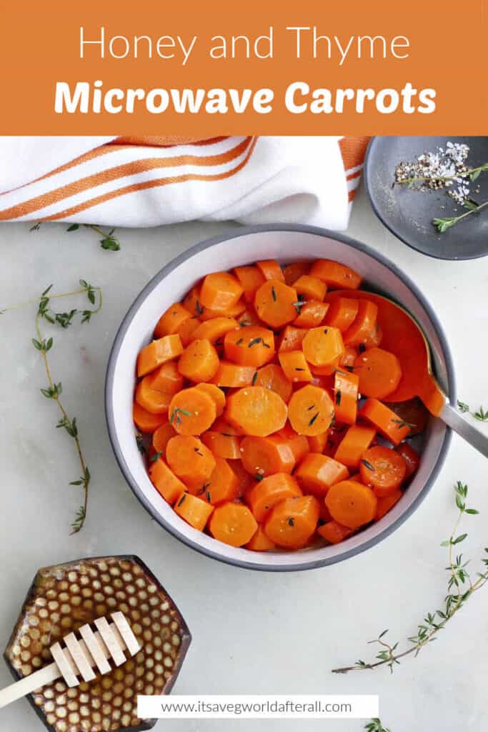 microwave carrots in a bowl under text box with recipe name