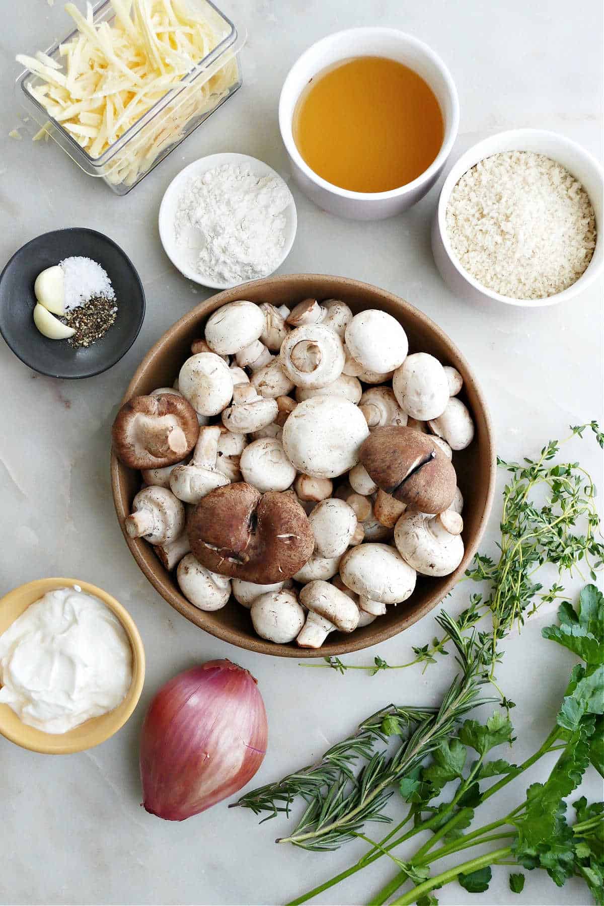 mushrooms, herbs, shallot, flour, broth, seasonings, cheese, and bread crumbs on a counter